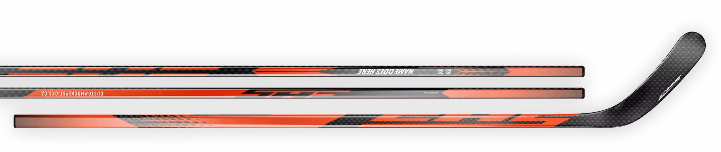 Orange decal on a 12K carbon fiber hockey stick.
