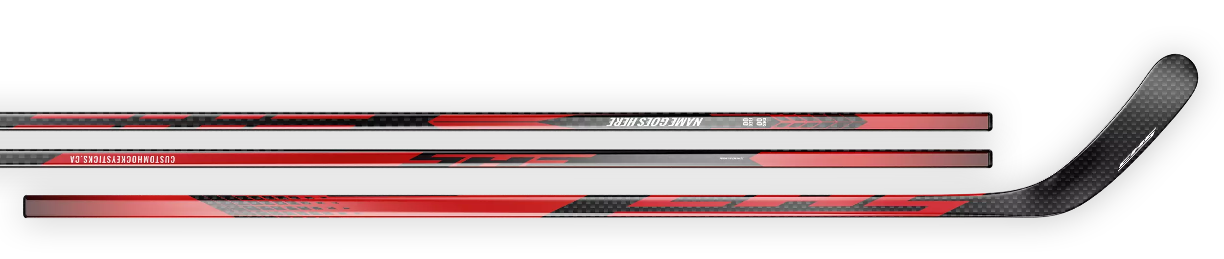 Red decal on a 12K carbon fiber hockey stick.