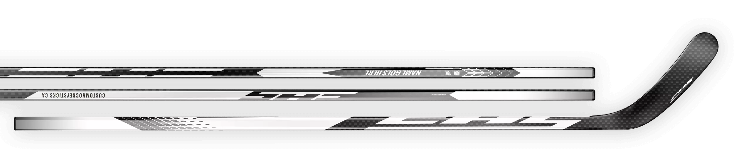 White decal on a 12K carbon fiber hockey stick.