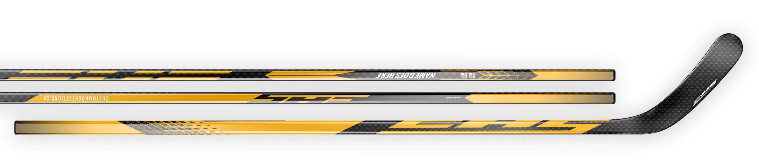 Yellow decal on a 12K carbon fiber hockey stick.
