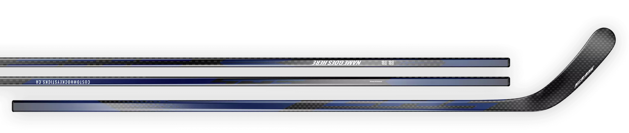 Blue decal on a 12K carbon fiber hockey stick.