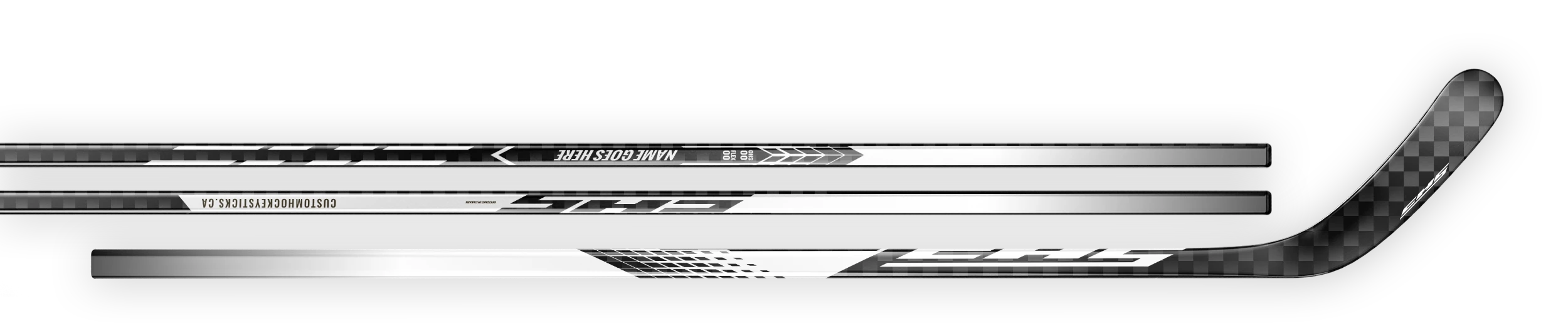 White decal on a 18K carbon fiber hockey stick.
