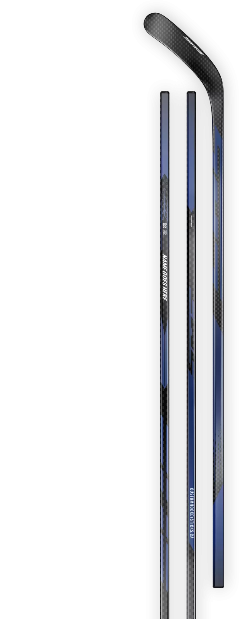 Blue decal on a 12K carbon fiber hockey stick.