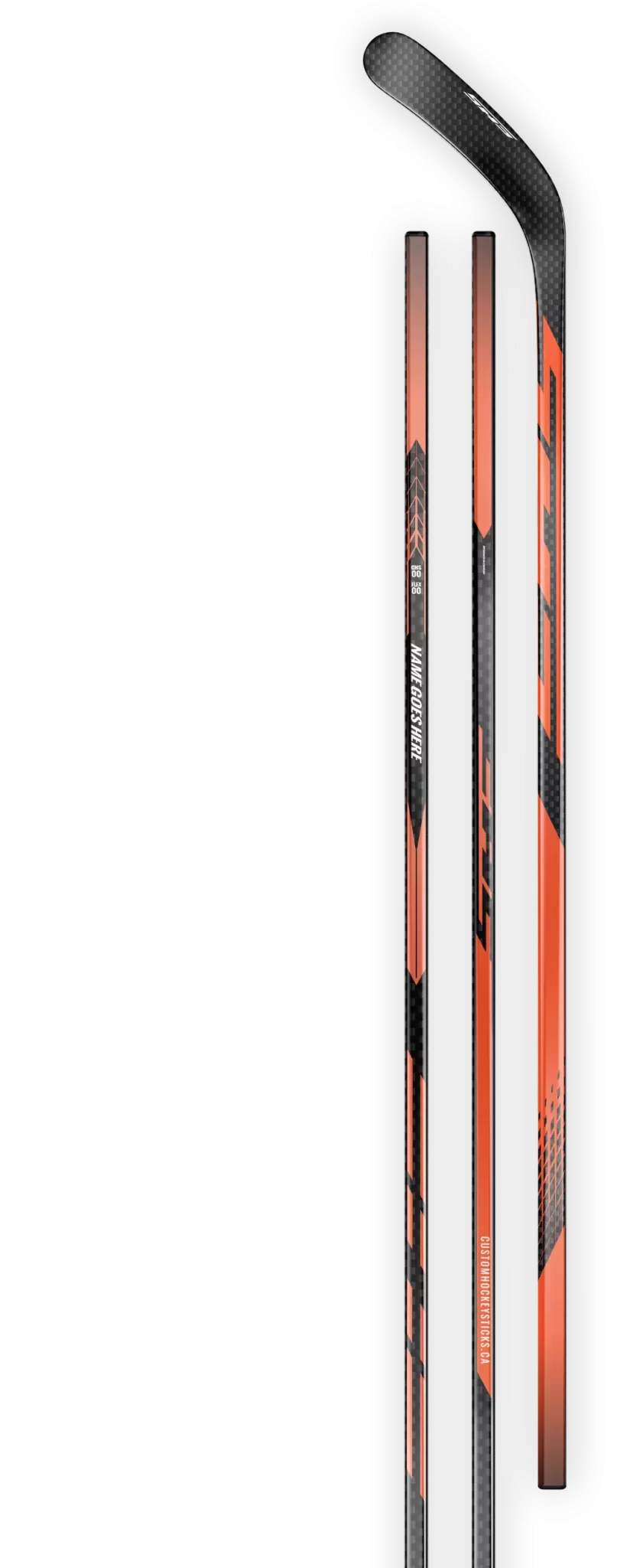 Orange decal on a 12K carbon fiber hockey stick.