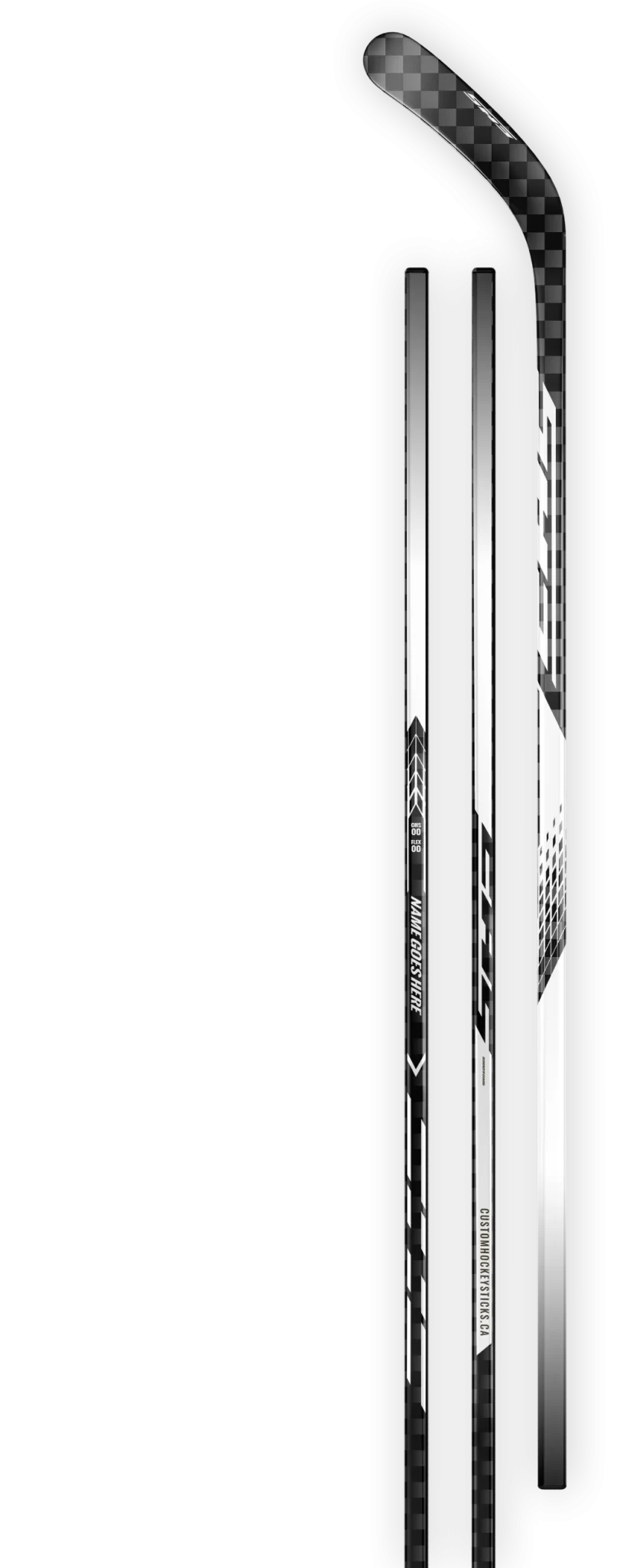 White decal on a 18K carbon fiber hockey stick.