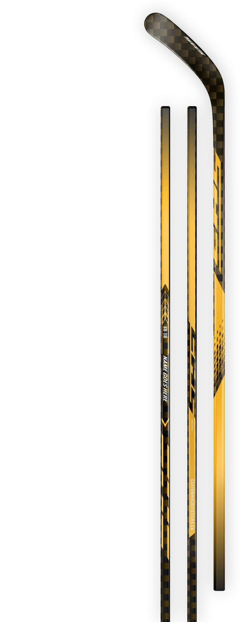 Yellow decal on a 18K yellow carbon fiber hockey stick.