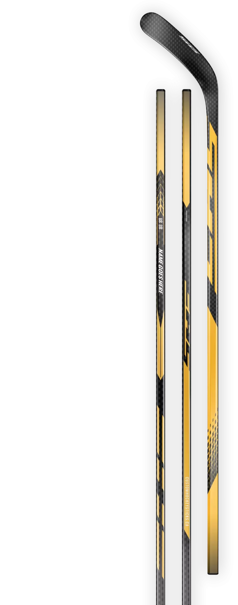 Yellow decal on a 12K carbon fiber hockey stick.