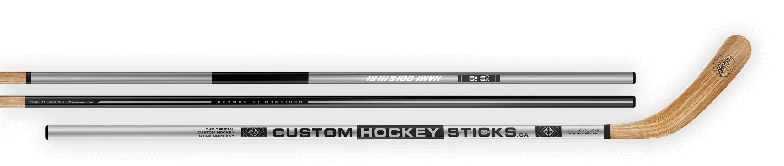 Custom hockey stick with a vintage chrome decal and wood grain blade.