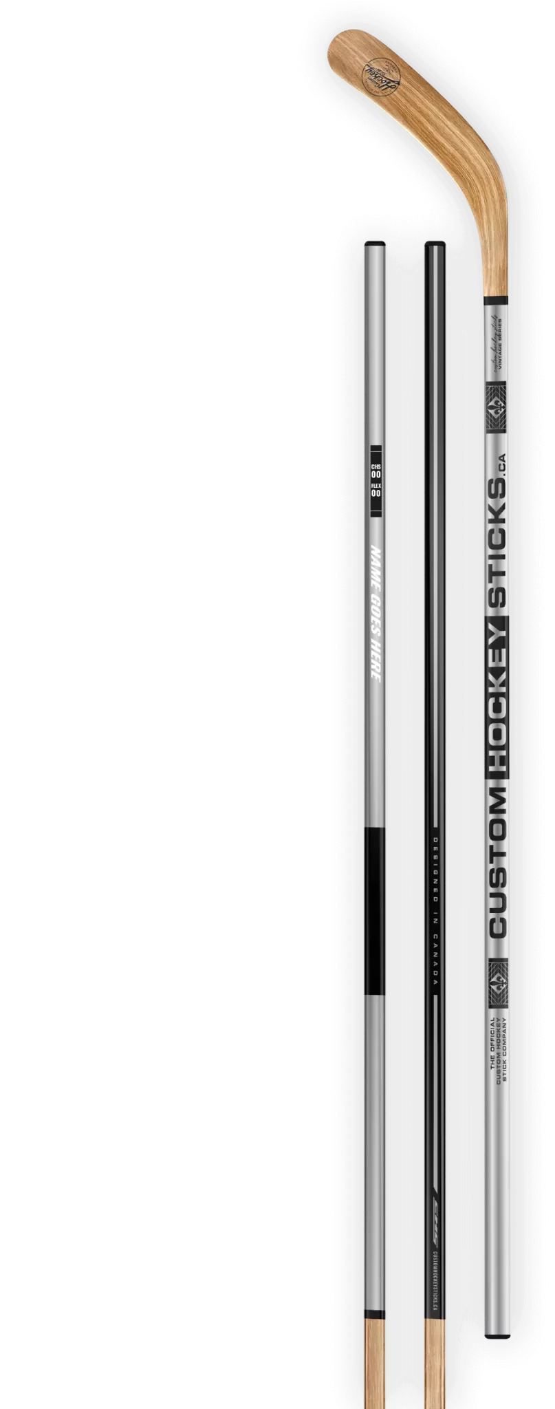 Custom hockey stick with a vintage chrome decal and wood grain blade.