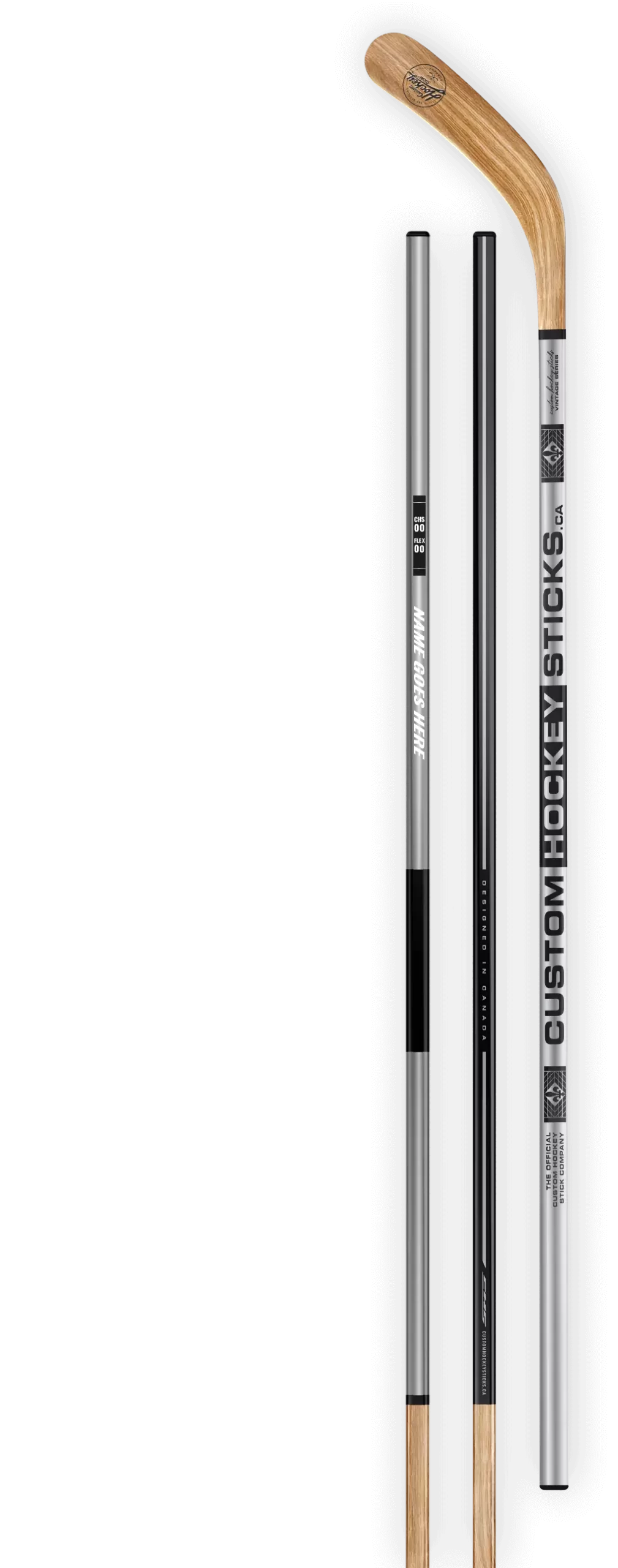 Custom hockey stick with a vintage chrome decal and wood grain blade.