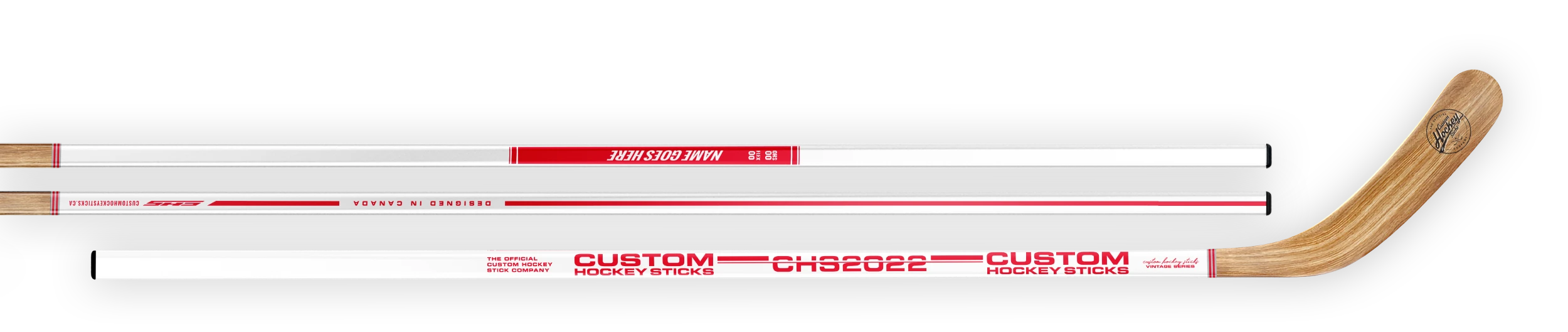 Custom hockey stick with a vintage red and white decal and wood grain blade.