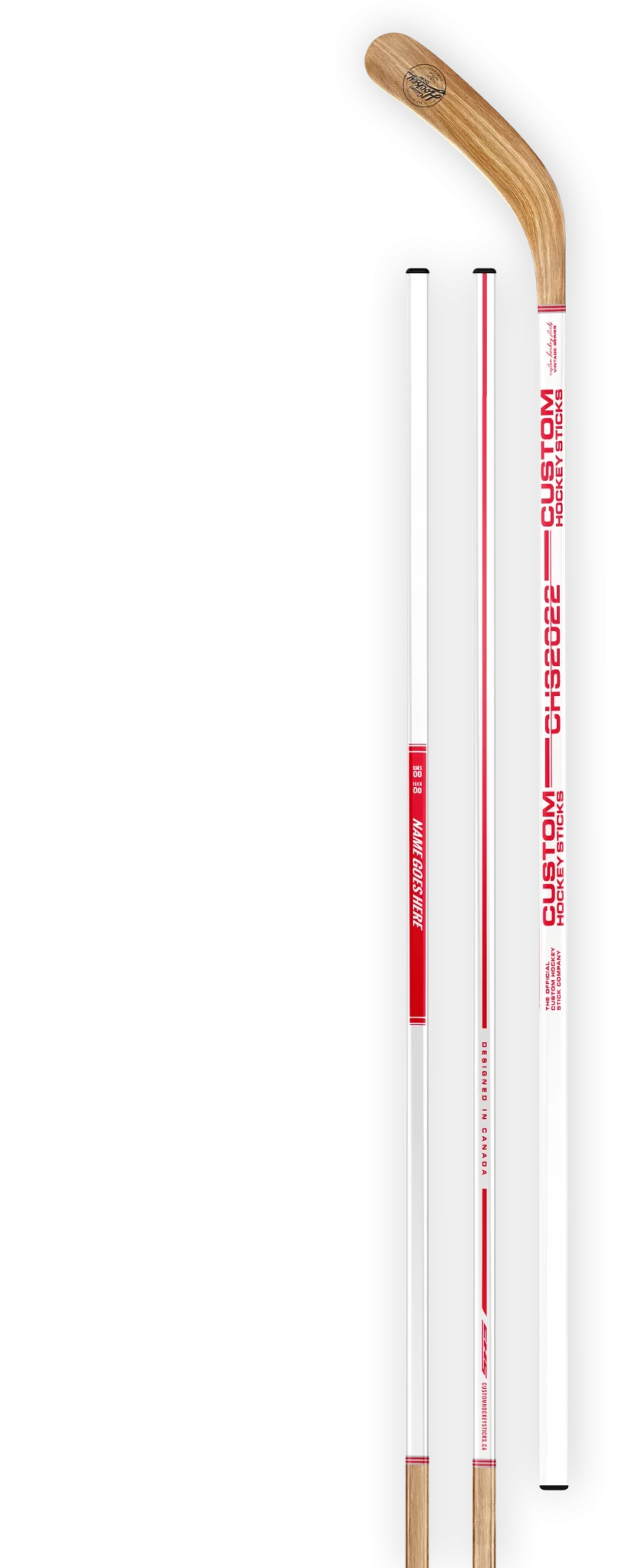 Custom hockey stick with a vintage red and white decal and wood grain blade.