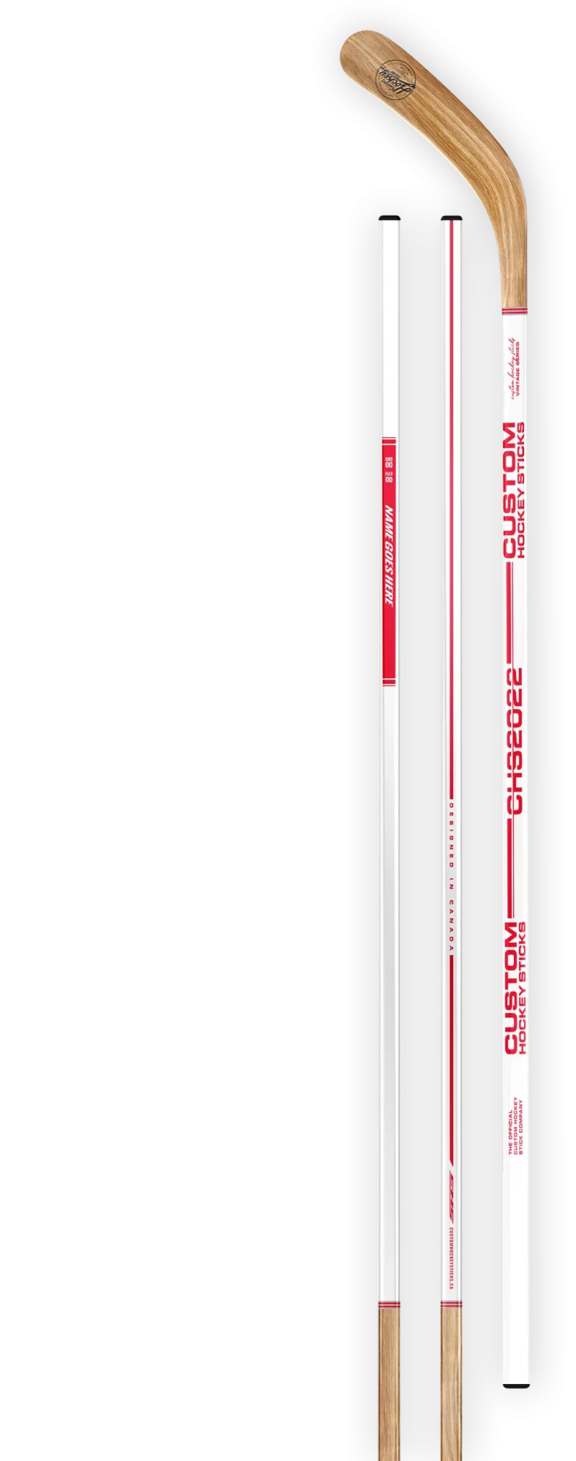 Custom hockey stick with a vintage white and red decal and wood grain blade.