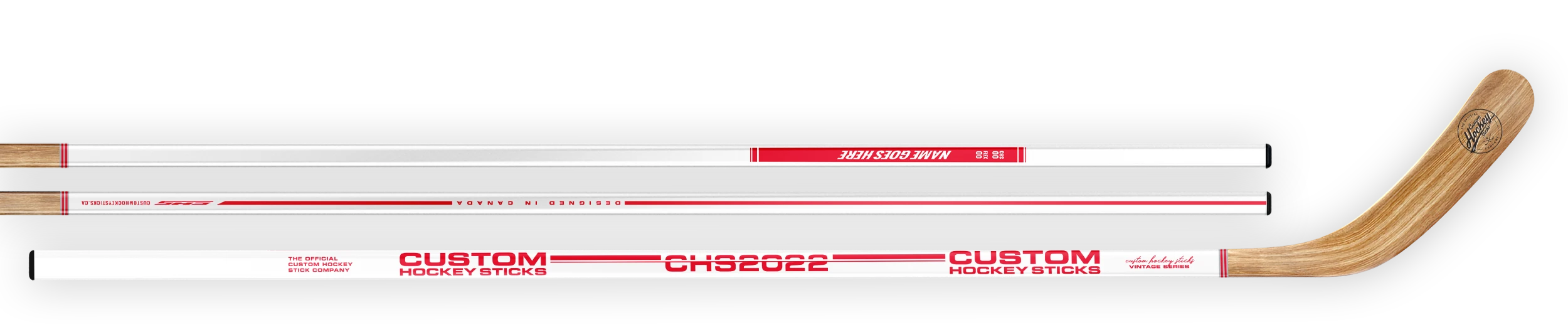 Custom hockey stick with a vintage white and red decal and wood grain blade.