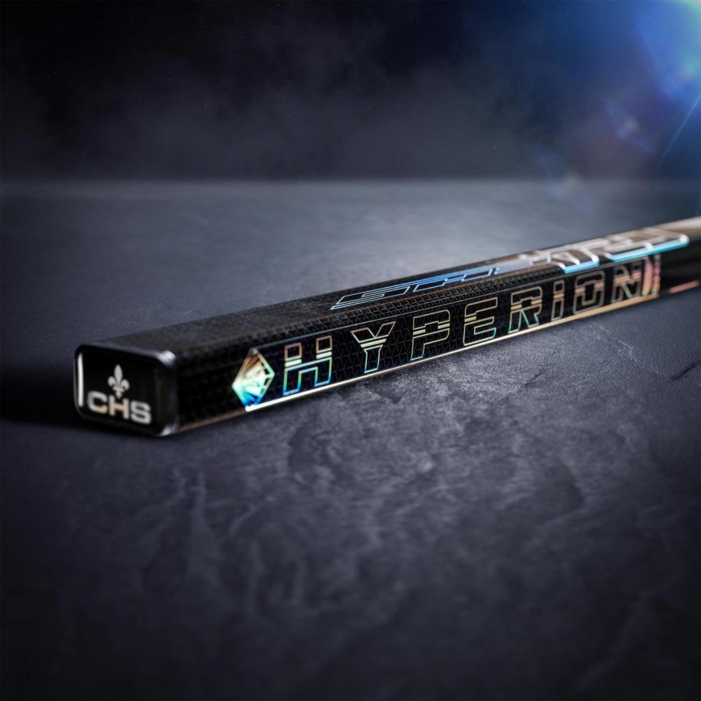 Detail photo of top shaft of the Hyperion 24K sapphire carbon fiber hockey stick.