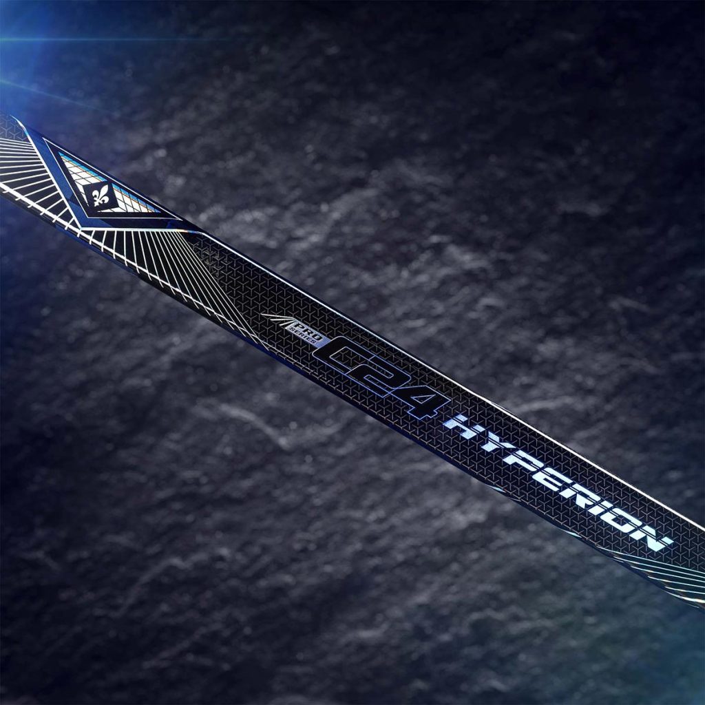 Detail photo of Hyperion 24K sapphire carbon fiber hockey stick.